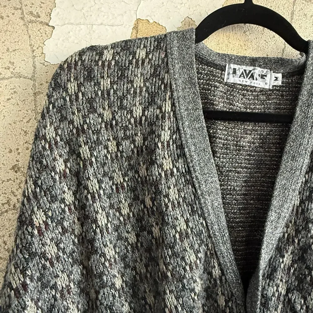 Vtg Grandpa Cardigan Geometric Knit Button Front Grey Neutral Lavane NY Unisex M